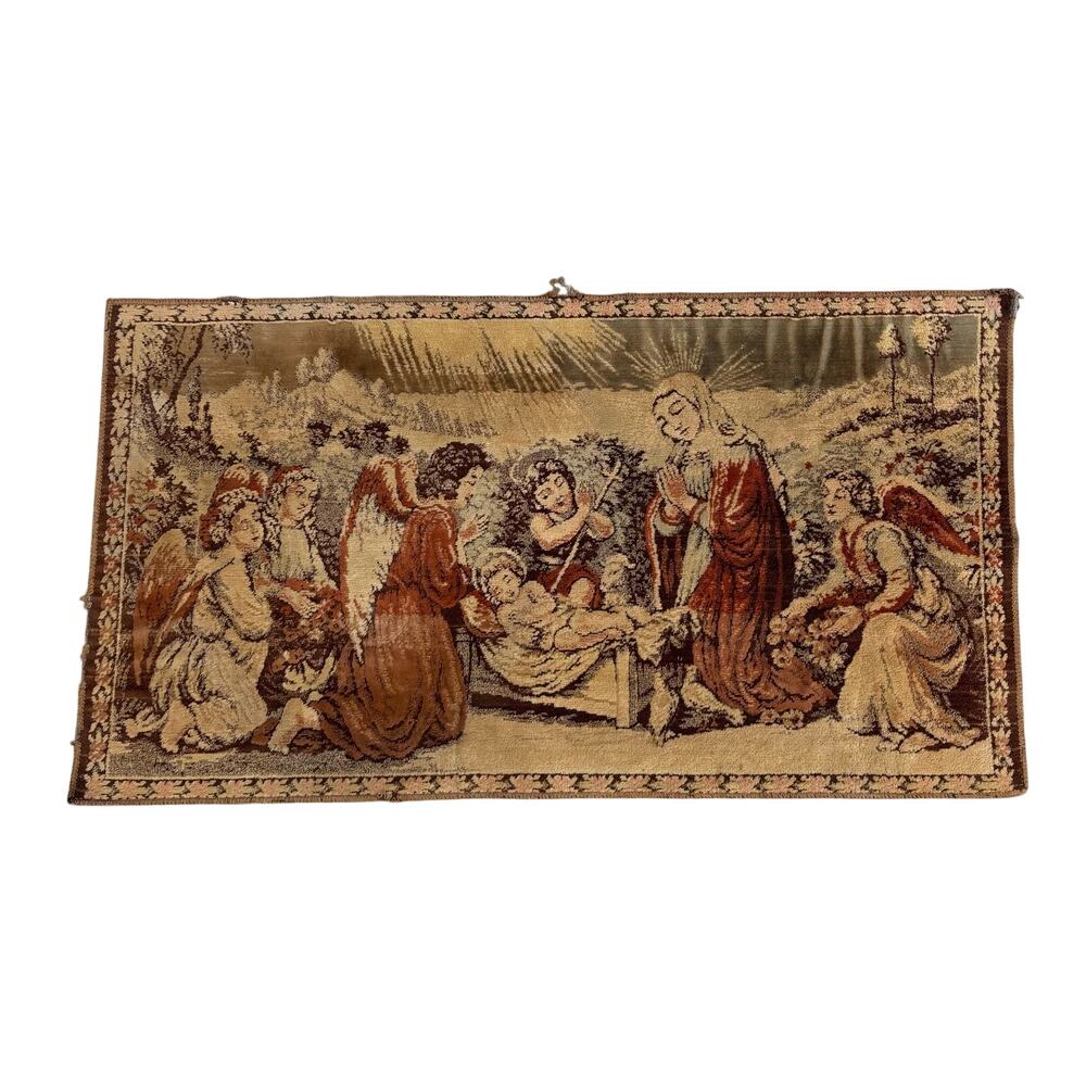 Vtg Italy Velvet Tapestry Wall Hanging Rug - Religious Christian Nativity Jesus